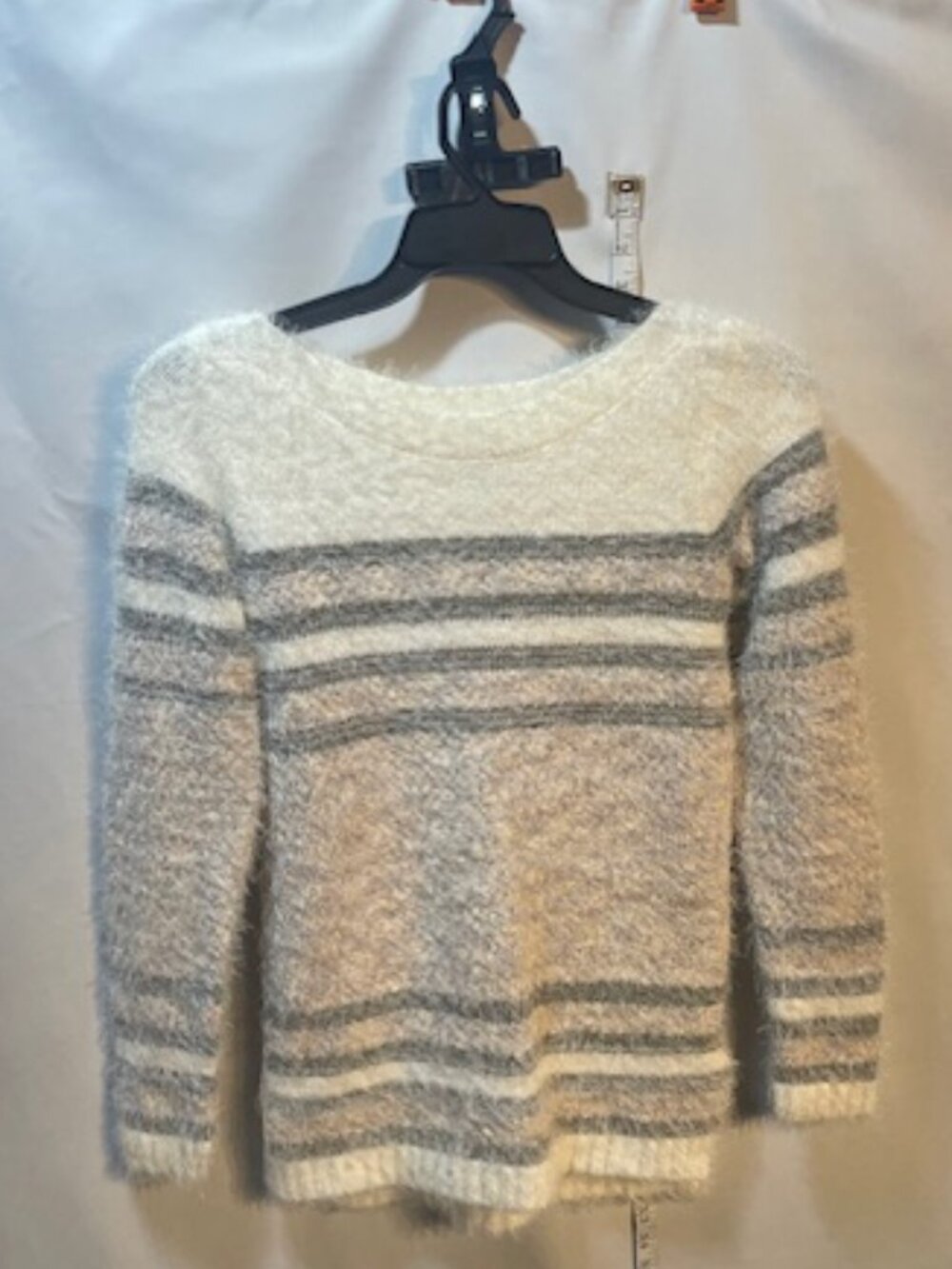 Women's The Limited cream & gray striped, fuzzy, angora look pullover sweater. S